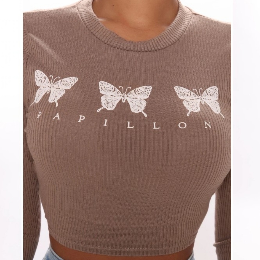 Taupe cropped long sleeve top - Picture 5 of 5